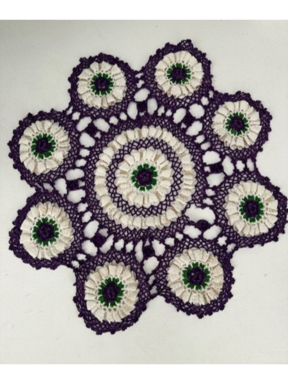 Doily Vintage Handmade Purple White Floral Green Scalloped Edge 22 in FLAWS